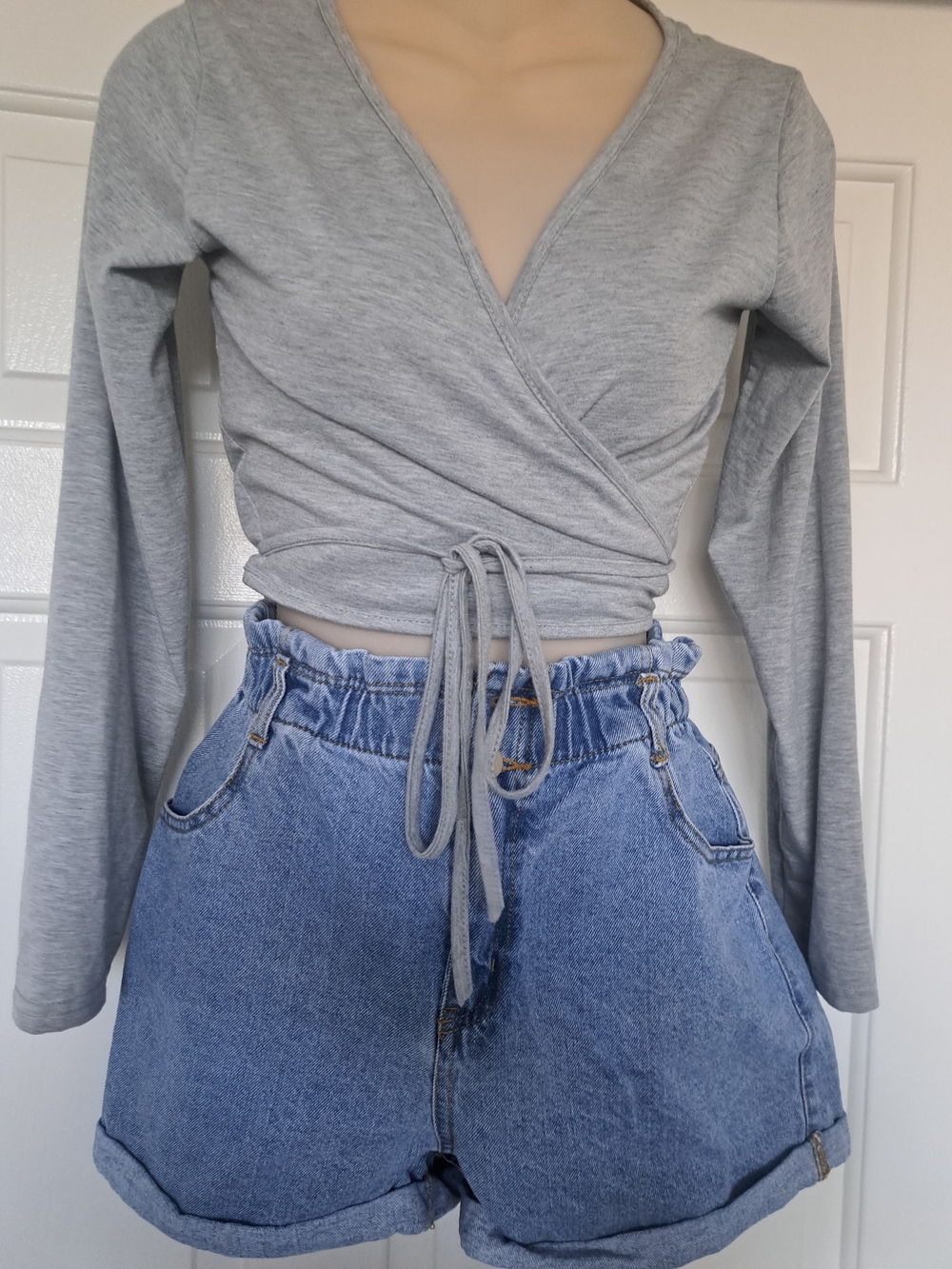 time and tru denim shorts with gray wrap top